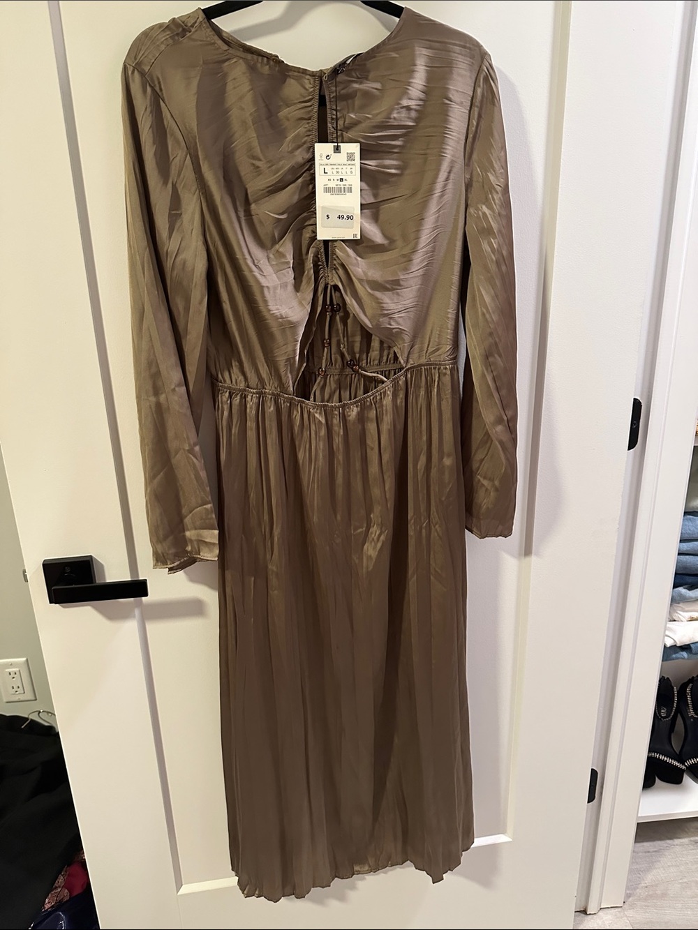 Zara Olive Brown Long-Sleeve Midi Dress with Back Tie
